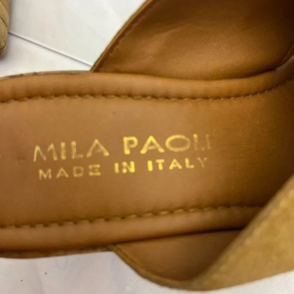 Mila Paoli Italy Suede Cross Strap Cork Wedge Sandals Tan – Est. US 7